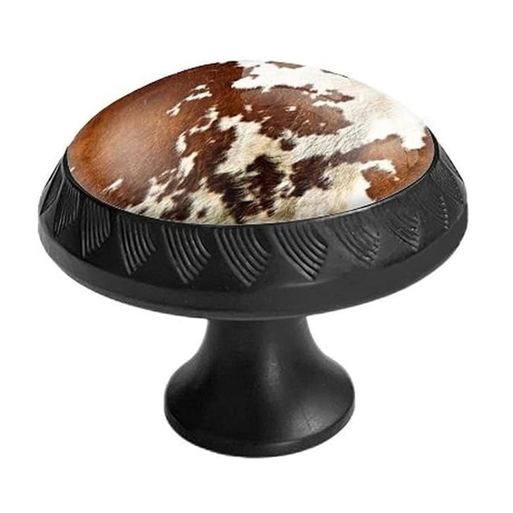 Elohiym crystal-glass round knob with a cowhide print on a black mushroom base, 6-pack