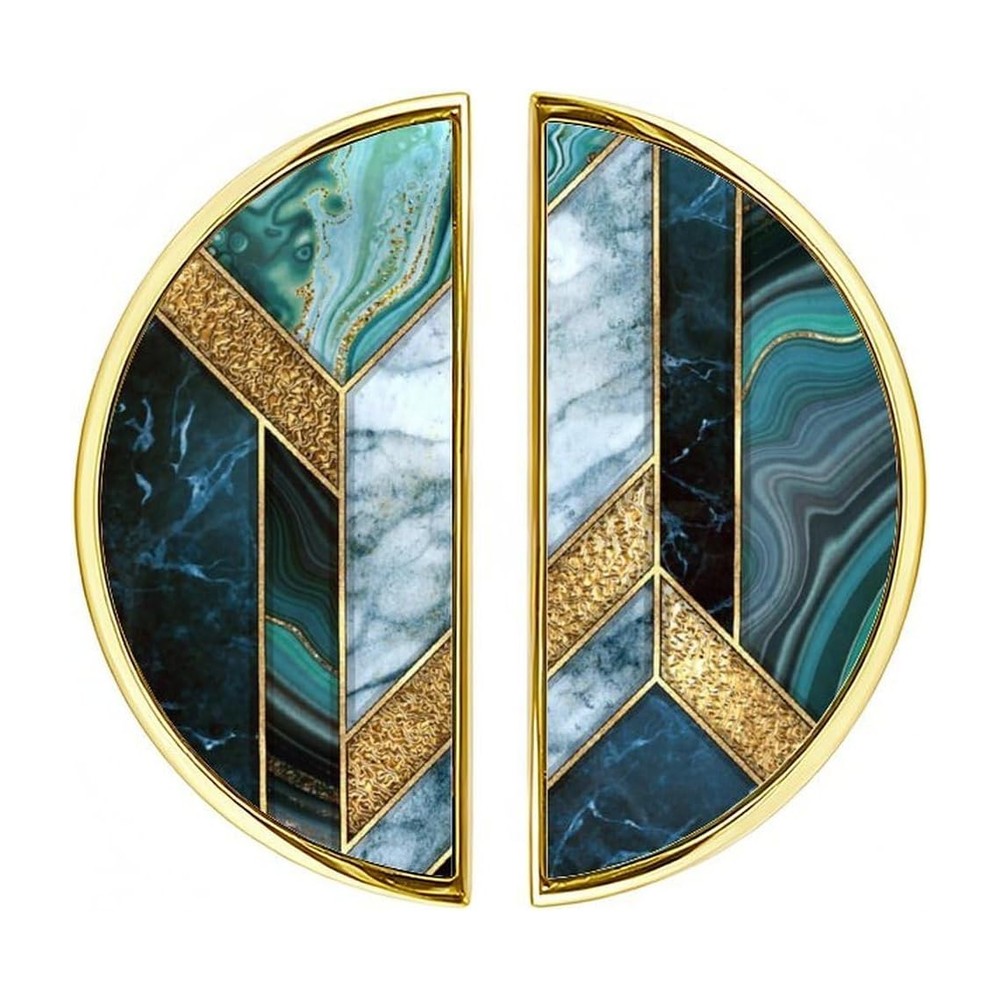 Elohiym half-moon cabinet pull in teal onyx and white marble with gold banding, 2-pack