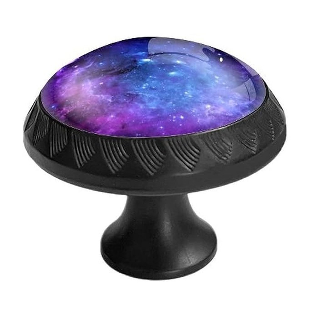 Elohiym crystal-glass round knob with a purple and blue nebula print on a black mushroom base, 6-pack