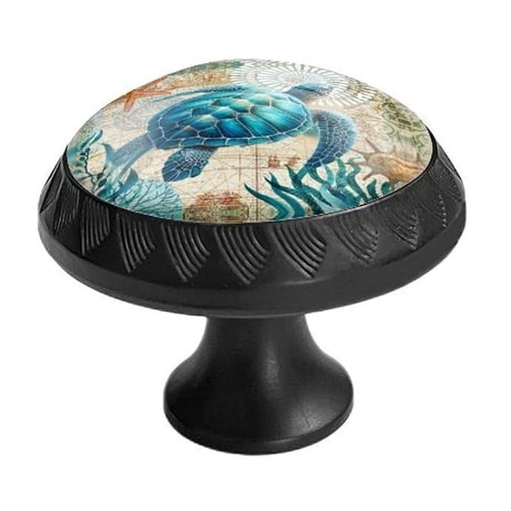 Elohiym crystal-glass round knob with a sea turtle and nautical chart on a black mushroom base, 6-pack