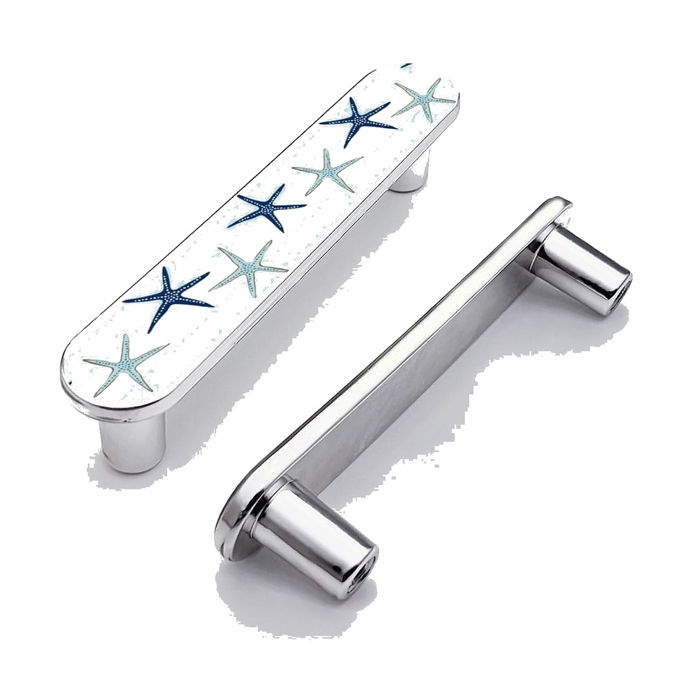 Elohiym chrome bar cabinet pull with a pale mint print and navy starfish, 4-pack