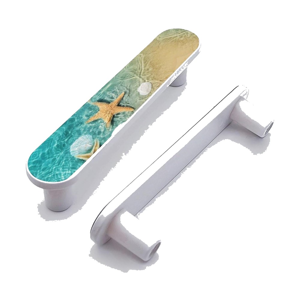 Elohiym white bar cabinet pull printed with turquoise water, sand and a starfish, 4-pack
