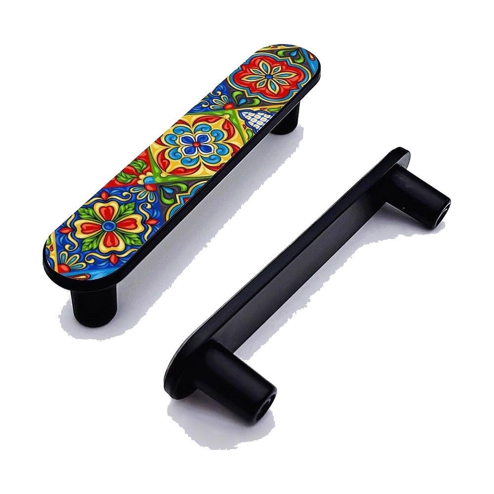 Elohiym matte-black bar cabinet pull with a Talavera tile pattern, 4-pack